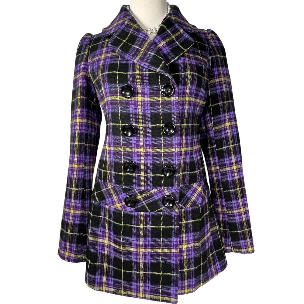 Kensie Girl Purple Plaid Double Breasted Coat Academia Preppy Y2K